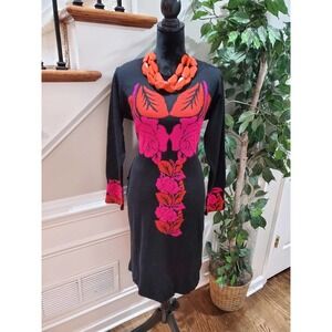 Vintage Preston Black Floral Round Neck Long Sleeve Casual Knee Length Dress 12